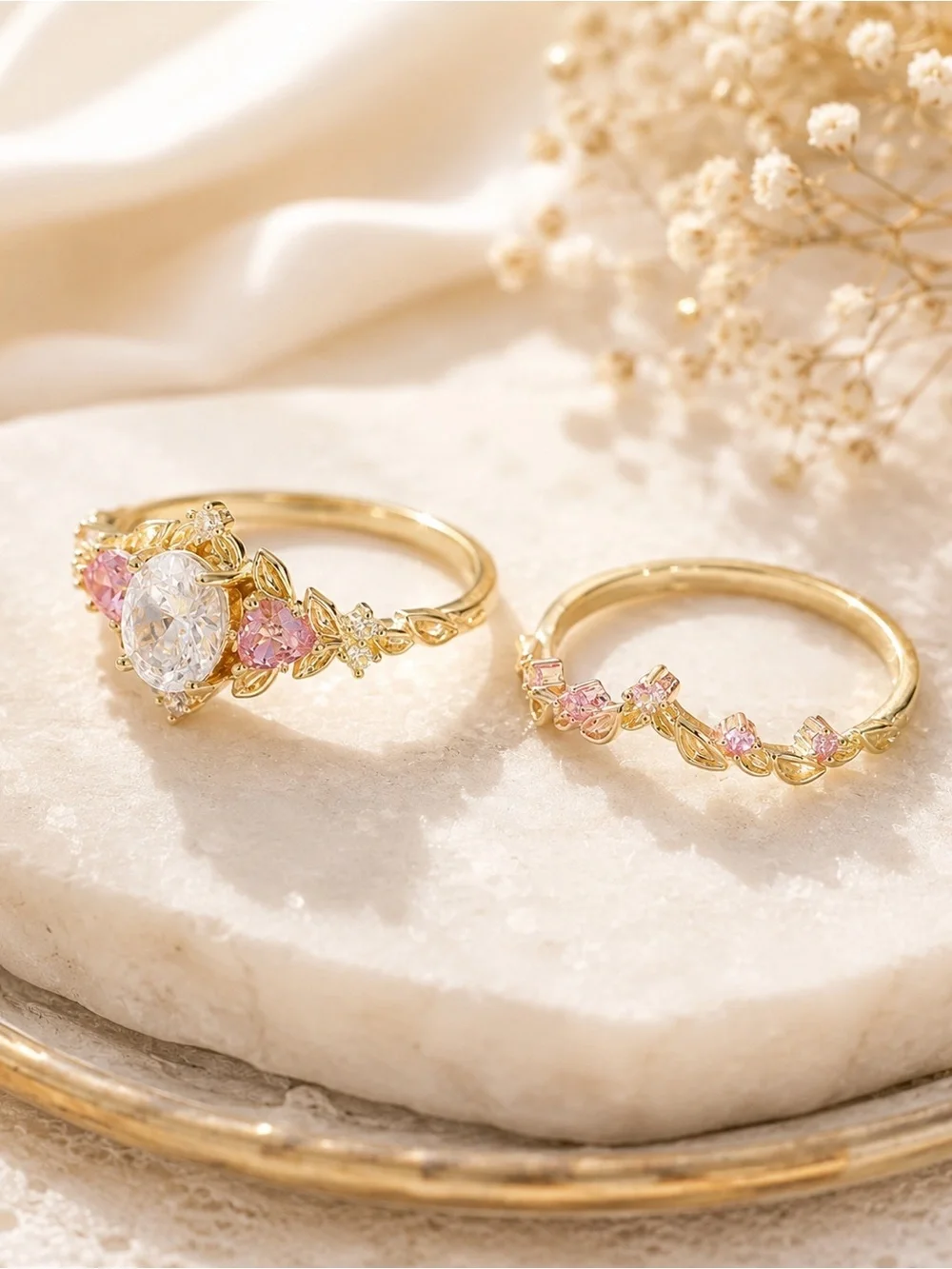 Romantic Pink CZ Gold Leaf Bridal Ring Set Cottagecore Fairycore